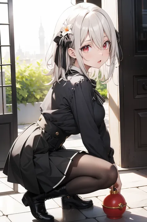 masterpiece, best quality, lily, lily_olis, squat, look at the grenade on the ground, :o, from side, perfect face, thighs,  breasts, white hair, hair between eyes, hair ribbon, red eyes, black shirt, high-waist skirt, skirt, black skirt, bowtie, boots, bla...