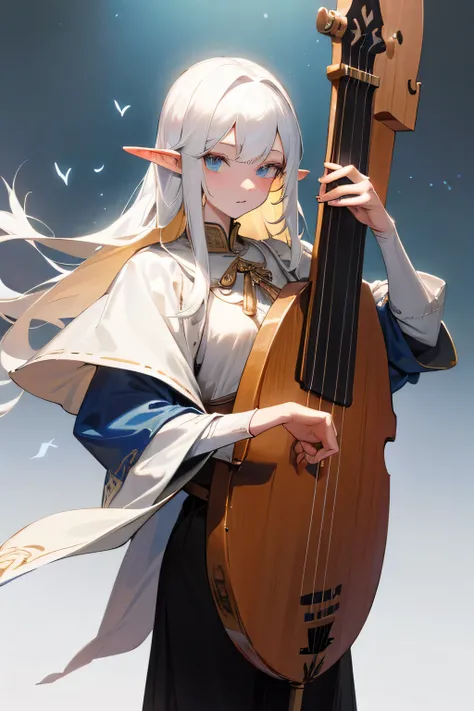 "(best quality,high resolution),Elf,poet,middle Ages,girl,white hair,White skin,different color eyes,Slim,High,wearing leather armor,Holding the pipa,With a longbow on his back,Surrounded by musical notes"