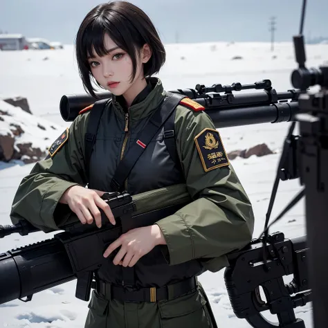 short black hair, Russian sniper girl, in the Chinese military uniform, holding an old Chinese rifle