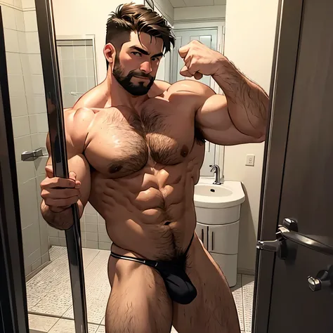 Big muscle man hairy jerking off in bathroom 