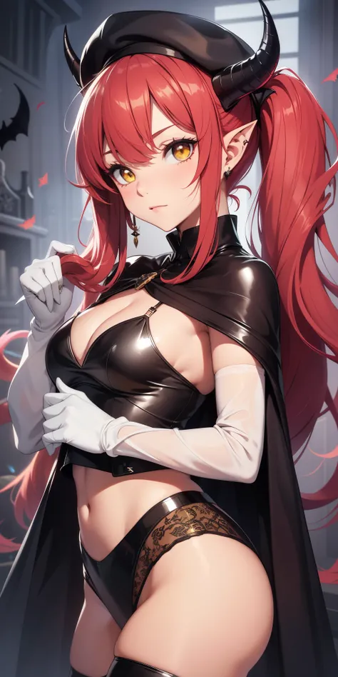 masterpiece, best quality, 1girl, solo, yellow eyes, red hair, small breast, demon girl, demon tail, demon wings, small demon horns, pointy ears, (small breast), (flat chest),  twintails, bat hair ornament, cape, white shirt, white legwear, stuffed toy, st...