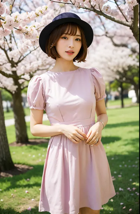 araffe woman in a dress and hat standing under a tree, under sakura tree, sakura season, sakura bloomimg, sakura petals around h...