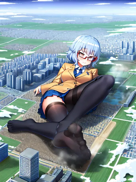 Giantの芸術, 非常に詳細なGiantショット, Giant, short hair, A high school girl who is much bigger than a skyscraper, wearing rimless glasses, big breasts, big ass, navy blazer, red tie, mini skirt, black pantyhose, pantyhose barefoot, Steam comes out from the soles of t...