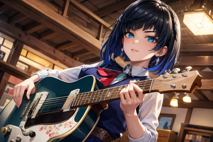 ((masterpiece:1.4, best quality)), ultra detailed, super detailed,Yelan Genshin Impact,1girl, short hair, black hair, blue eyes, hd quality, wallpaper , singing, school uniform,red coat, blue skirt , holding mic, beautiful girl, looking at viewer, concert,...