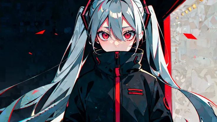 , gray hair, red eyes, dead eyes, , pants, sad, pushed down, dark circles under the eyes, upper body only, rolled up, masterpiece, at night, dim room, very detailed, super sharp, 8k　Hatsune Miku