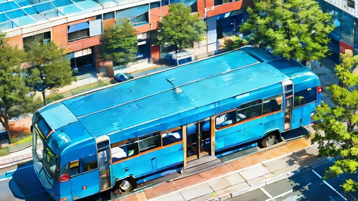 bus terminal, with blue and white color, bird eye angle, four bus inside, trees