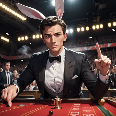 (Bugs Bunny,James Bond secret agent:1.1,Hi Class tuxedo:1.3,spy gadgets),high stakes Roulette table,comedy,slapstick comedy,(best quality,4k,8k,highres,masterpiece:1.2),ultra-detailed,(realistic,photorealistic,photo-realistic:1.37),portraits,vivid colors,s...