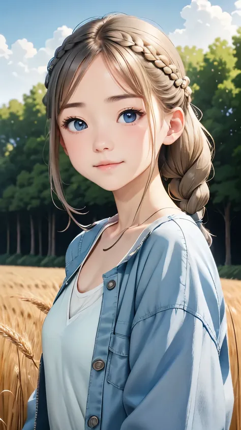 one woman、cute face、Also々new expression、Japanese、charming eyes、cream hair、french braid、18-year-old、gray eyes、camisole dress、blue jacket、outdoors、Alsoとした佇まい、wheat field