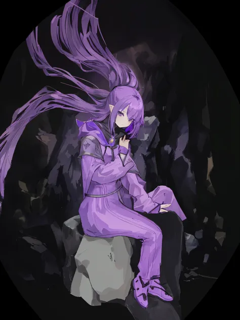 1girl, purple hair, purple cloak, sitting on a stone inside a cave looking sideways