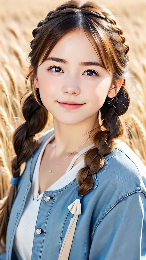 one woman、cute face、Also々new expression、Japanese、charming eyes、cream hair、french braid、18-year-old、gray eyes、camisole dress、blue jacket、outdoors、Alsoとした佇まい、wheat field