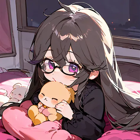 (best quality,masterpiece:1.3),((cute 1 girl:1.2)), expressive eyes, perfect face, eye (black), messy hair Black, Round Glasses, pink pajamas, hugging a doll, bed room, night time, lethargic