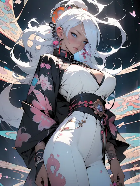 (masterpiece, top quality, best quality, official art, swirling psychedelic cosmic dreamlike graffiti patterns, beautiful, cosmic, atmospheric, psychedelic, dreamlike, shinto shrine and aesthetic:1.2), (1girl, neon white hair, beautuful highly detailed Har...