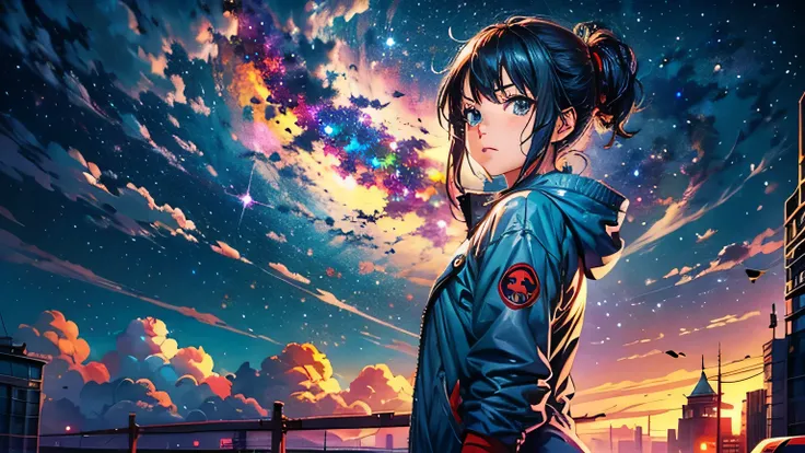 anime wallpapers of a girl (woman, heterochromia eyes，dark blue hair ,  Perfect female figure) looking at a view of the sky and stars, cosmic skies. by makoto shinkai, anime art wallpaper 4 k, anime art wallpaper 4k, anime art wallpaper 8 k, anime sky, ama...