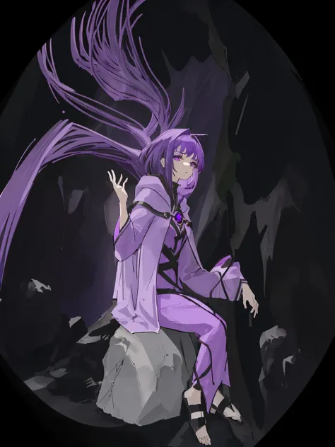 1girl, purple hair, purple cloak, sitting on a stone inside a cave looking sideways