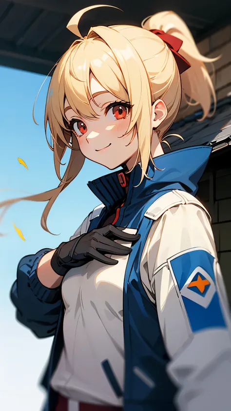 (highest quality、Extra fine、real)、Genki Girl、high school girl、small breasts、riders jacket、blonde、red eye、ponytail、Ahoge、From the side、gloves、bright smile、roof of the building、blown by the wind、blue sky、upper body close-up、sharp outline