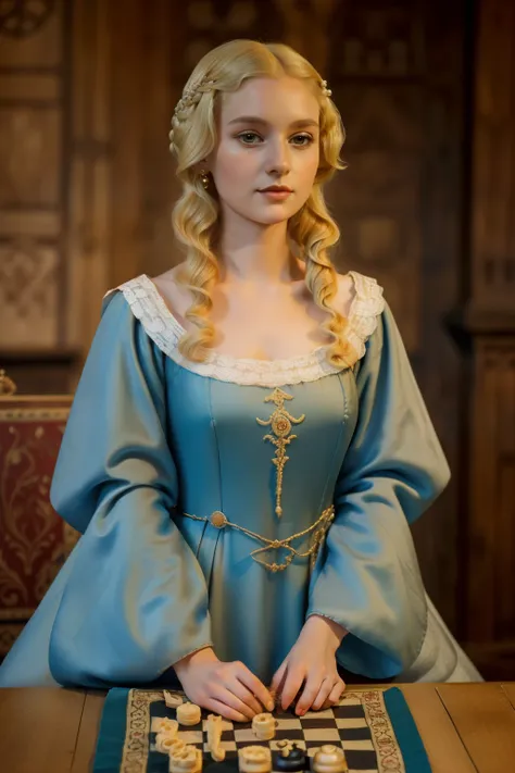 England, 1339. A young ((((27-year-old)) Elizabeth Clerk)), thin, pale, beautiful, playing checkers, ((intelligent expression)). ((((clothings from the 1300s, gown)))), ((blond curly hairstyle of the 1300s))