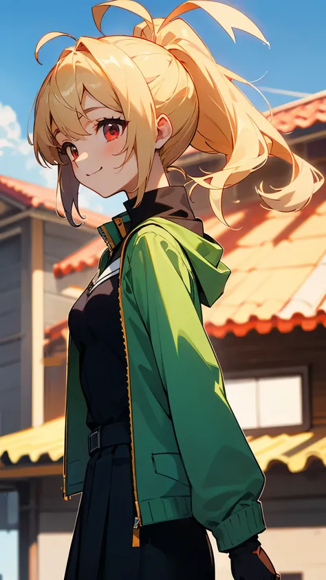 (highest quality、Extra fine、real)、Genki Girl、high school girl、small breasts、riders jacket、blonde、red eye、ponytail、Ahoge、From the side、gloves、bright smile、roof of the building、blown by the wind、blue sky、upper body close-up、sharp outline