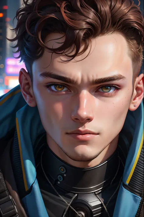 A young man, 16yo, The background of the city is cyberpunk, extreme close up portrait, Detailed eye, 8k resolution, Realism,