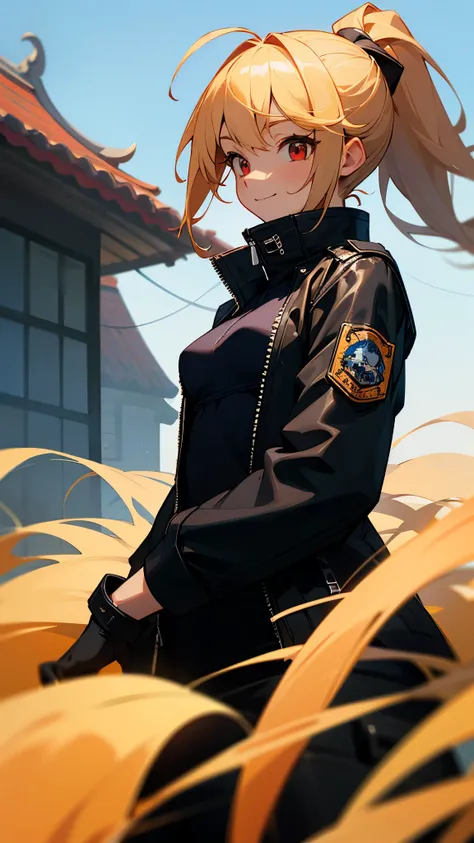 (highest quality、Extra fine、real)、Genki Girl、small breasts、black biker jacket、blonde、red eye、ponytail、Ahoge、From the side、gloves、bright smile、roof of the building、blown by the wind、blue sky、upper body close-up、sharp outline