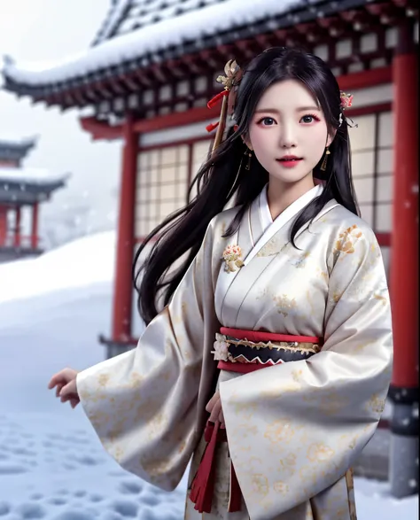 japanese dress,flying fabric,wind blow,beautiful face,8k,snow fall,temple