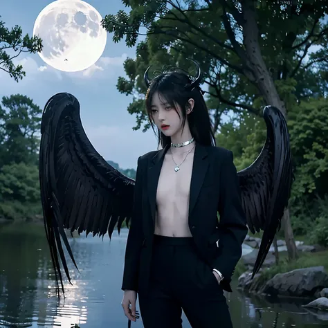 bondage, tied up,satanic necklace,choker, black suit, suit with tie, black veil, satanic earing,standing in the lake with moon i...