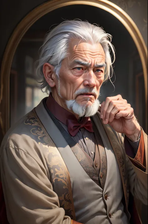 (old man, majestic, serious, Zhongshan suit, gray hair, shocked), classic oil painting style, detailed portrait, high resolution, realistic colors, subtle lighting