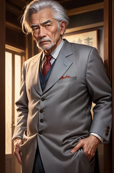 (old man, majestic, serious, Zhongshan suit, gray hair, shocked), classic oil painting style, detailed portrait, high resolution, realistic colors, subtle lighting