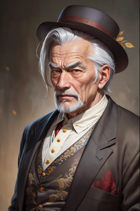 (old man, majestic, serious, Zhongshan suit, gray hair, shocked), classic oil painting style, detailed portrait, high resolution, realistic colors, subtle lighting