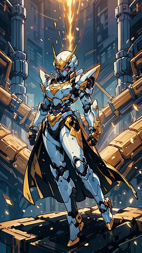 A woman adorned in fantasy-style full-body armor, a crown-concept fully enclosed helmet that unveils only her eyes, a composite layered chest plate, fully encompassing shoulder and hand guards, a lightweight waist armor, form-fitting shin guards, the overa...