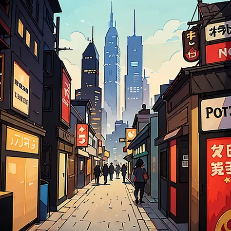 A bustling cityscape with tall buildings and crowded streets