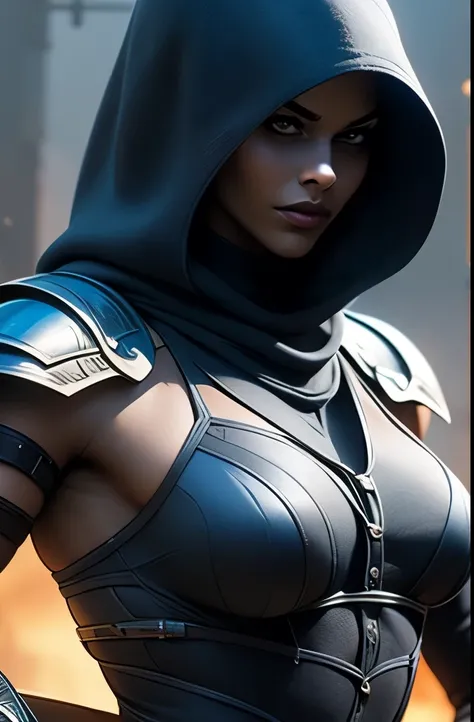 a close up of a person with a sword and a hood, an edgy teen assassin, she is holding a sword, female assassin, holding a sword on her shoulder, afrofuturism anime, beautiful female assassin, katana zero video game character, clothed in stealth armor, hold...