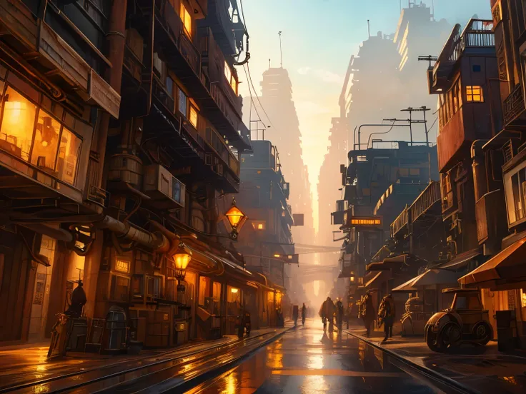 Looking up at the cityscape of a steampunk world　low saturation　Brown theme　Life　gear road　wiring　pipe　factory　digital concept art of dystopian　dim　loneliness