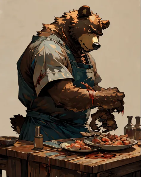 bear，furry，masterpiece，best quality，strong body，abdomen，gloomy expression，wearing a butcher&#39;s apron，holding a bloody butcher...