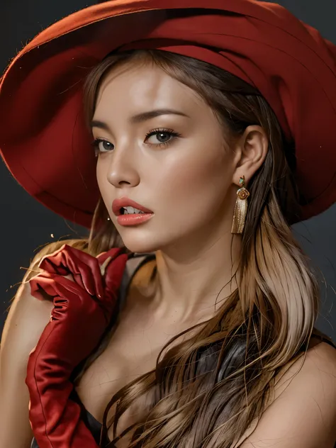 a close up of a woman wearing a red hat and gloves, portrait of sophie mudd, yelena belova, red hat, style of yulia razumova, an...