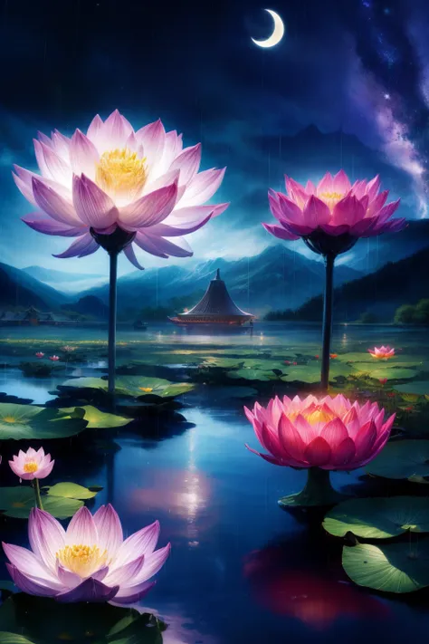 night, Only moonlight illuminates, Meniscus, distant mountain, beautiful big lotus nearby, big red lotus, There is a water supply next door, frog, summer is full of joy, The crescent moon and the stars in the sky mix together, awesome wallpaper, 雨が降るnight,...