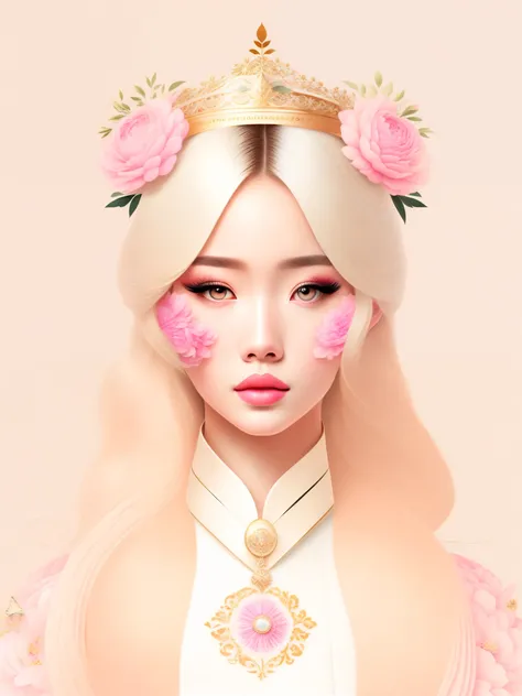 (masterpiece, best quality:1.2),vector art：1.37. (1 girl, alone，beautiful).（Exquisite facial features，eyelash，blush，long hair，Exquisite makeup），Crown，corolla，Hanfu，tassel，Butterfly，peony，symmetry，White background，