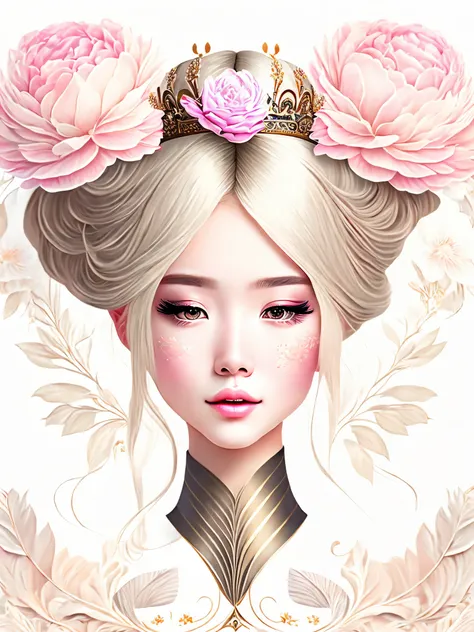 (masterpiece, best quality:1.2),2D，printing，smooth lines，black lines，T-shirt design，vector art：1.37. (1 girl, alone，beautiful).（Exquisite facial features，eyelash，blush，long hair，Exquisite makeup），Crown，花环Crown，corolla，黑色long hair，Hanfu，tassel，Butterfly，peo...