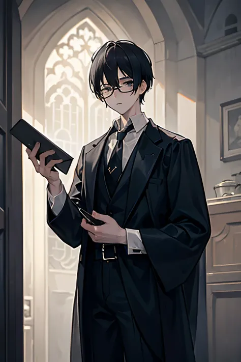 (masterpiece, best quality), yisang_limbus, 1boy, solo, gray necktie, black baggy robes, black glasses, white shirt, collared sh...