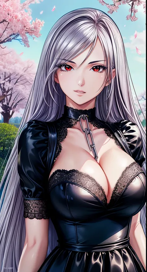 red eyes, (highest quality, masterpiece絵画:1.3), mature woman, 26 years old, (upper body shot), masterpiece, ultra high resolution, (Photoreal:1.0), Bright silver hair、straight hair, beautiful shining hair, white and shining skin, ((Ultra realistic details)...