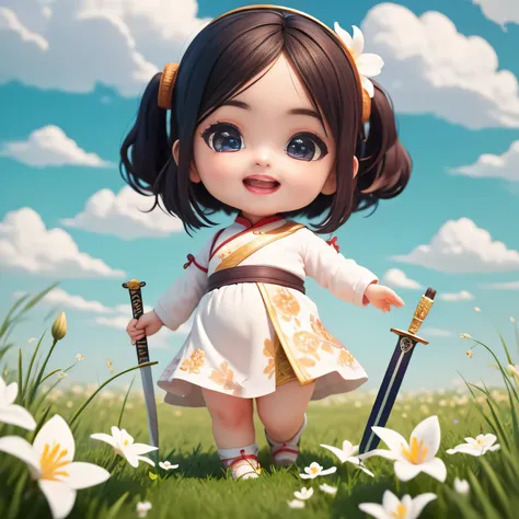 (masterpiece),(best quality),(super detailed), (whole body:1.2),
1 chubby chinese girl,Super cute, Smile, open mouth，Lily flowers and grass in the field, Swordsman holding sword in hand, Stepping on the clouds under your feet 
(Beautiful and delicate face)...