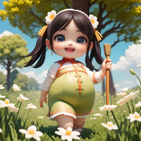 (masterpiece),(best quality),(super detailed), (whole body:1.2),
1 chubby chinese girl,Big avatar，Super cute, Smile, open mouth，Field lilies and flowers holding ax，Cutting down trees cloud 
(Beautiful and delicate face), (beautiful and delicate eyes),
 