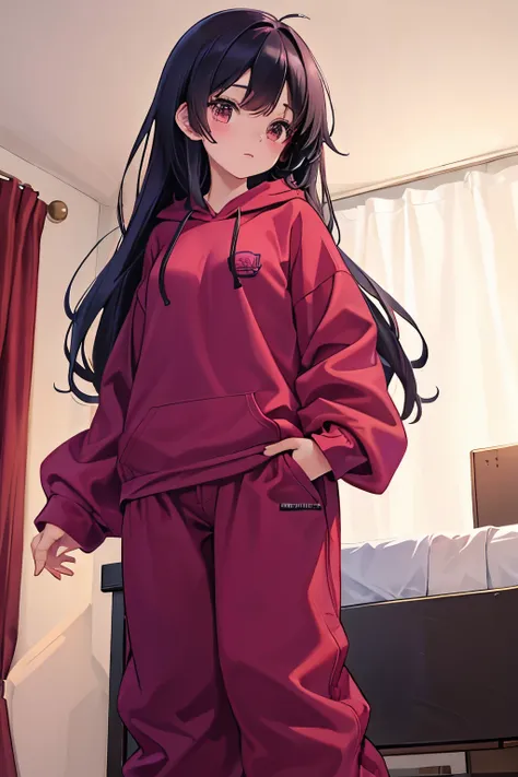 A girl wearing baggy red-purple pants, long sleeve, winter, Wearing a reddish-purple oversized hoodie, It&#39;s snowing in the background, Moe sleeves, Bedroom, barefoot, black hair, from below