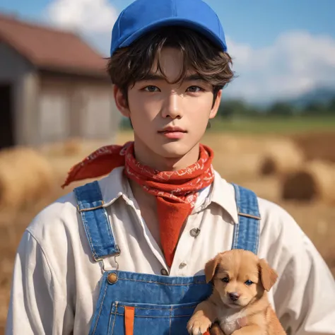 realistic korean teen handsome wearing Blue and white works overalls clothes, wearing a blue cap With orange color on brim,wearing a red plain scarf on His collar, holding a Small brown puppy on the front, half body, background on a farm, daylight, realist...