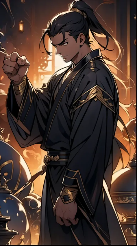 Two dimensions，anime style，one person（male warrior），proportions are correct，facial details，swordsman，high ponytail hairstyle，neck detail，Have an Adam&#39;s apple，Black and gold robe，joke，Black and gold robe，clothing details，Hand over，long sleeves，Game qual...