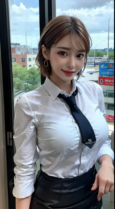 ((highest quality、8k、masterpiece:1.3、I&#39;m at work、Foliage plant、computer、brown short hair、((big breasts))、With accessories、earrings、necklace、glasses with light silver trim、((collared button shirt、Blue sky outside the window、office))、tie、pencil skirt、fro...