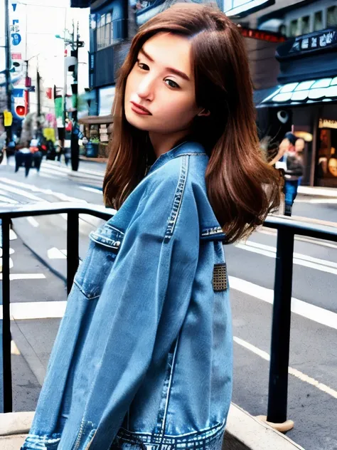 Beautiful woman、Japanese、city、knit tops and denim jeans