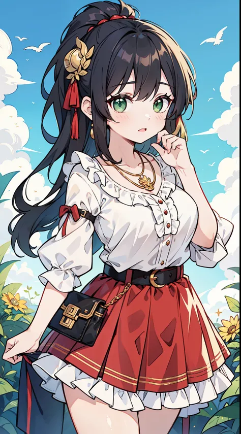 A gypsy with green eyes black hair, white blouse with gold medals and red skirt with ruffles, seashell necklaces.