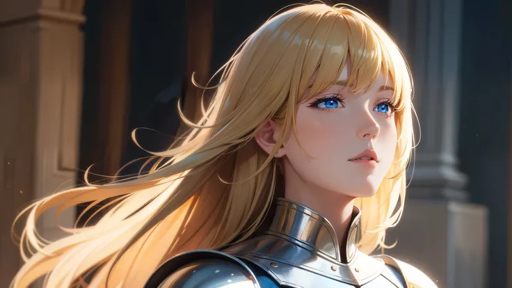 (best quality,highres), elegant knight woman with [[[brown hair]]], blonde hair, hair bangs, and blue eyes. 