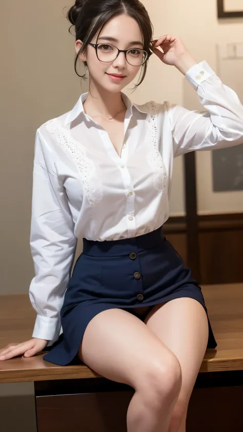 Secretary woman, best quality, ultra hd 8k, mesa, 22 old, beautiful mature woman、pretty face、great eyes, beautiful hair, black hair, Mulher de mente forte、camisa social branca、shirt with three open buttons, pequeno decote dia seis, cabelos castanhos、(Olhos...