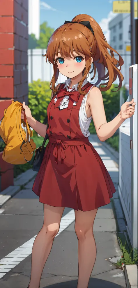 best quality, (masterpiece:1.2), highly detailed, standing, street,
1girl, solo, akatsuki minami,
looking at the viewer, closed mouth, smile, slight blush,
blue eyes, brown hair, ponytail, hair bow, sleeveless.